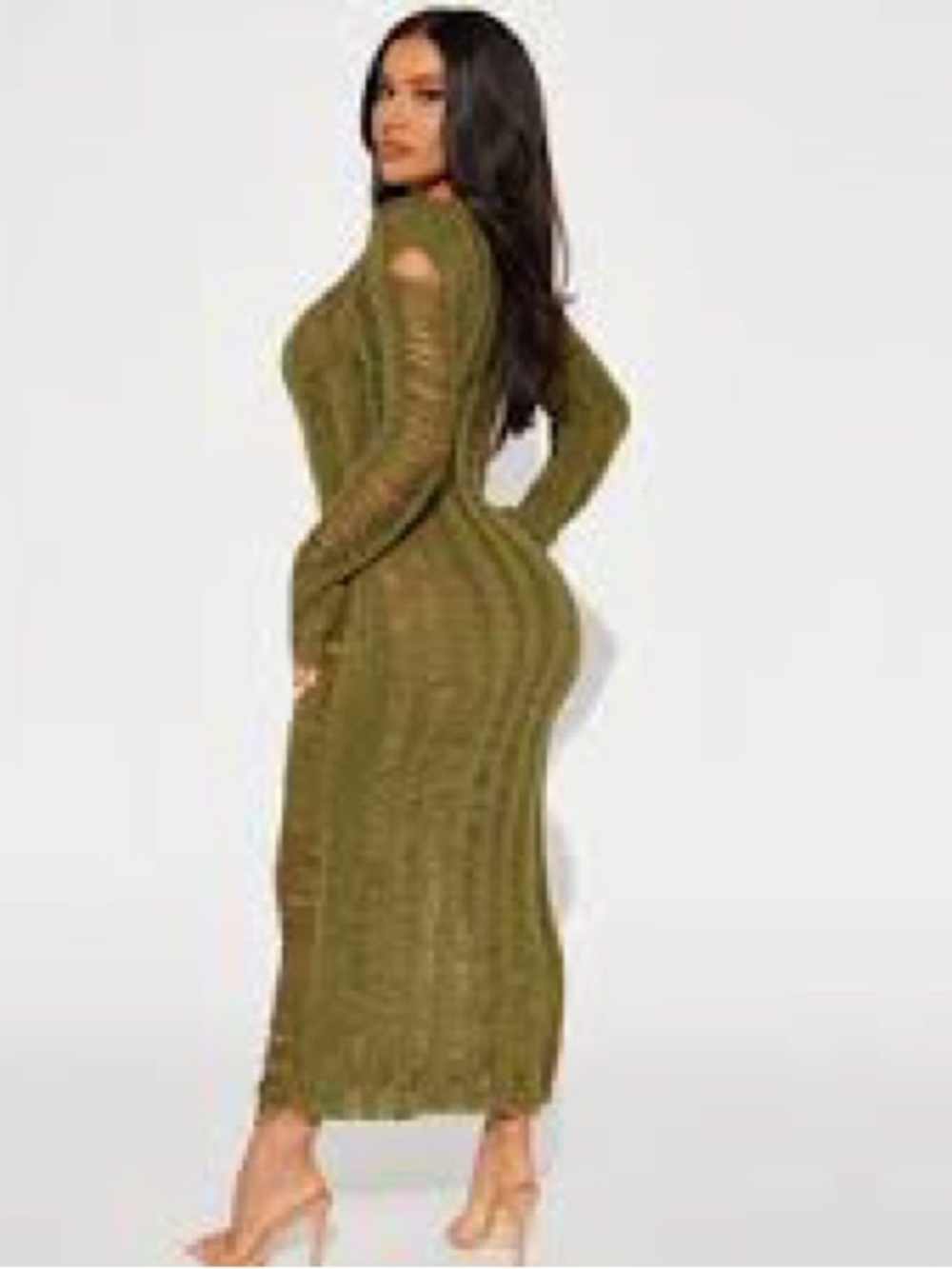 Fashion Nova Olive Green Long Sleeve Ribbed Maxi Dress